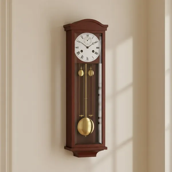 Elegant 19th-century Vienna Regulator wall clock with long pendulum.