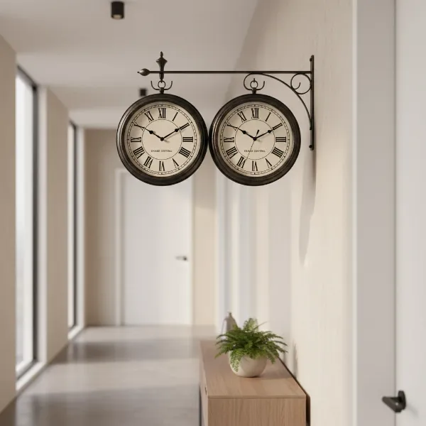 A vintage-style double-sided station clock with Roman numerals hanging in a modern home hallway