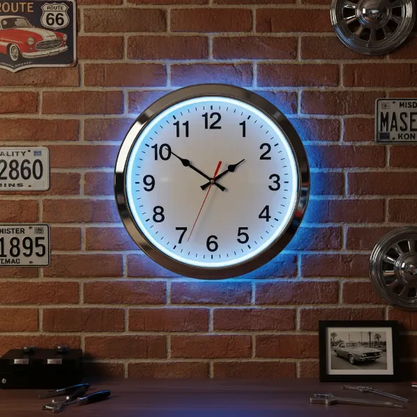 Classic neon wall clock with a vibrant blue glow in a vintage-style garage.