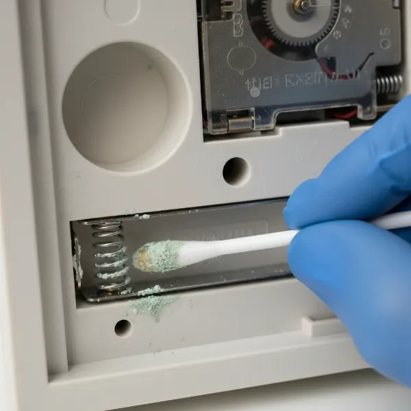 Close-up of corroded battery contacts in a wall clock, being cleaned with a cotton swab.