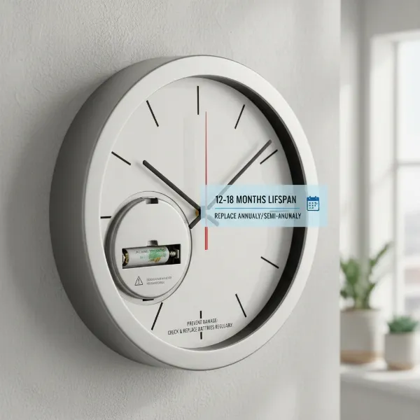 A wall clock with a battery compartment, illustrating typical lifespan and recommended replacement intervals.
