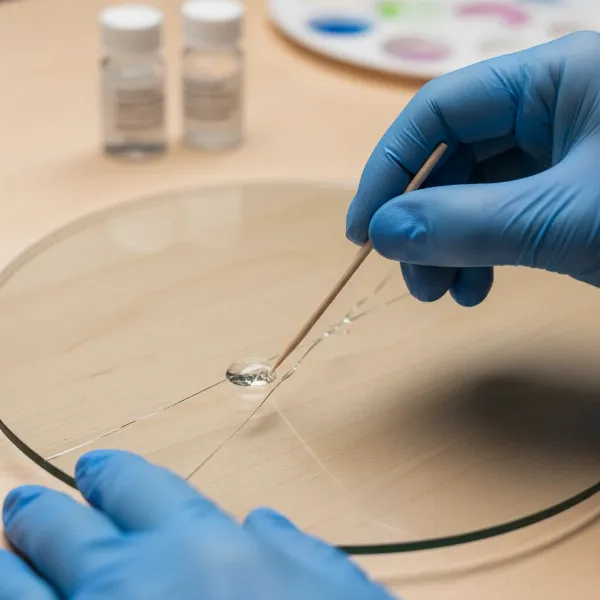 Hands applying epoxy to a hairline crack on a wall clock glass face during repair.