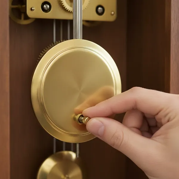 A hand adjusting the nut at the bottom of a wall clock pendulum bob to regulate time.
