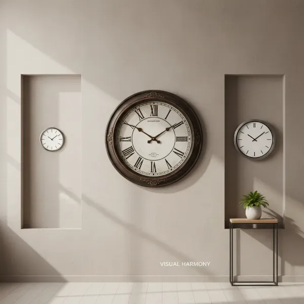 Illustration of wall clocks with different proportions on a wall, showing too small, too large, and ideal sizes.