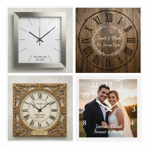 Assortment of personalized wedding wall clocks in modern, rustic, traditional, and photo styles